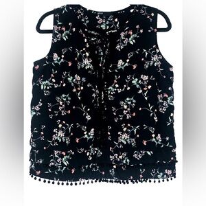 Gibson Black Floral Lace Top with Pom Pom Trim Tie Neck Size PS